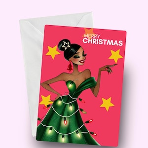 Cartão de Natal para mulheres negras, rock para garotas negras, cartão de felicitações elegante, cartão de Natal com melanina, cartão de Natal afrocêntrico, cartão festivo para ela