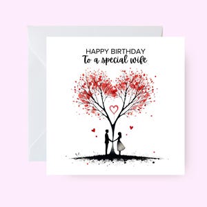 Cartão especial de aniversário para esposa, cartão de árvore em forma de coração para esposa, cartão de aniversário romântico para esposa, cartão de celebração de amor para ela, cartão temático de árvore