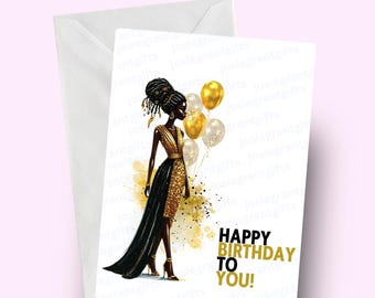Elegant Black Woman Birthday Card, Braids with Gold & Black Balloons, African American, Birthday Card for her, Melanin Queen Greeting