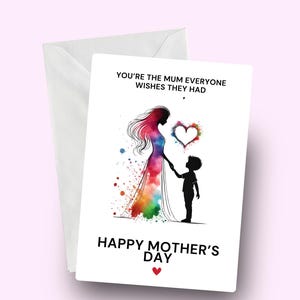 Tarjeta del día de la madre feliz, tarjeta caprichosa del día de la madre, mamá e hijo, eres la mamá que todos desearían tener, tarjeta para mamá, día de la madre