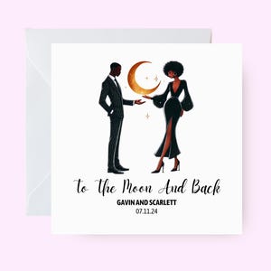 Aangepaste zwarte liefdeskaart, valentijnskaart, kaart romantisch stel, verlovingskaart, jubileumkaart, gepersonaliseerde melaninekaart voor paar, maan en achterkant