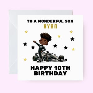 Tarjeta de cumpleaños de coche de carreras personalizada, tarjeta de cumpleaños de coche de carreras para niño negro, tarjeta para un hijo maravilloso, tarjeta de cumpleaños de coche personalizada, tarjeta étnica
