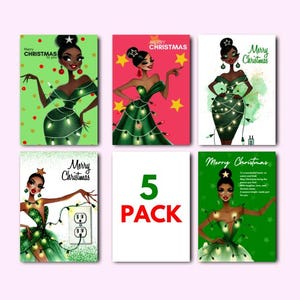 5-pack zwarte kerstkaarten, stijlvolle modieuze kerstkaart voor haar, elegante kerstwensset, afrocentrische kerstkaarten, feestelijke wensen