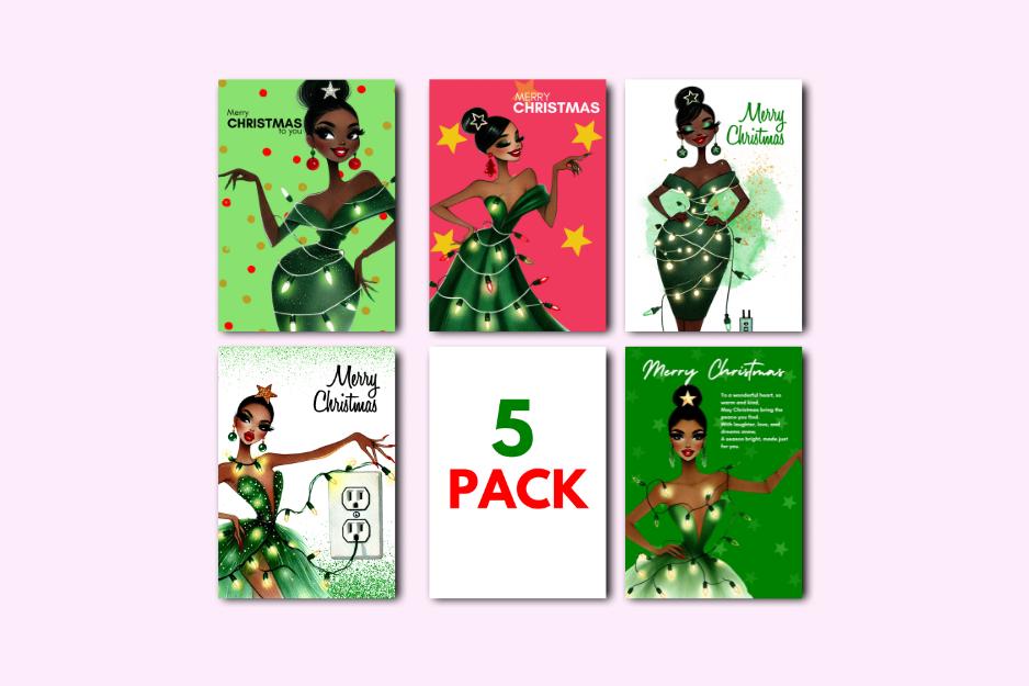 5-pack Black Woman Christmas Cards, Stylish Fashionable Xmas Card