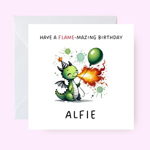 Tarjeta de cumpleaños personalizada con temática de dragón, tarjeta de cumpleaños con temática de llamas, tarjeta de cumpleaños para niños, tarjeta de cumpleaños personalizada para niños, tarjeta divertida con dragón