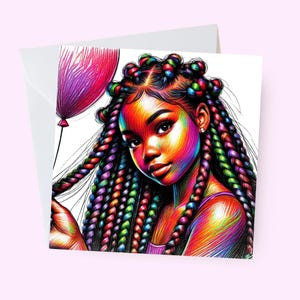 Biglietto di auguri di compleanno per ragazza con trecce afro nere, biglietto di celebrazione con palloncino per donna nera africana, magia per ragazza nera, biglietto etnico africano dalla pelle scura