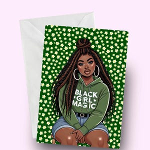 Zwarte afro vlechten meisje verjaardag wenskaart, Afrikaanse zwarte vrouw feestkaart, zwarte meid magie, donkere huid Afrikaanse etnische kaart