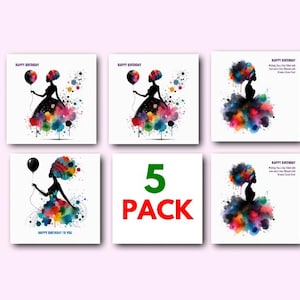Paquete de 5 tarjetas de cumpleaños afrocéntricas, tarjeta de cumpleaños de mujer negra, saludo de cumpleaños artístico afrocéntrico, paquete de tarjetas de cumpleaños étnicas, melanina