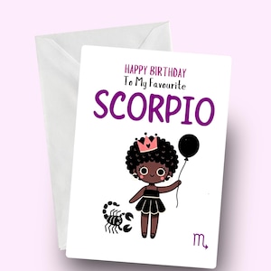 Carte de joyeux anniversaire Scorpion, fille Scorpion noire, anniversaire du zodiaque, femme Scorpion, Scorpion, Scorpion mélanine, carte d'astrologie, cadeau Scorpion