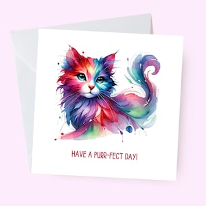 Leuke veelkleurige kattenkaart, fijne dag, grappige wenskaart, kaart eigenzinnige kattenliefhebber, speelse dierengroet, verjaardagswensen