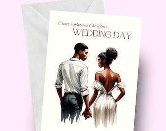 May include: A wedding card with a white background and a couple in the center. The man is wearing a white shirt and black pants. The woman is wearing a white dress. The text on the card reads "Congratulations On Your Wedding Day".