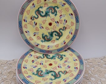 Chinese 7&quot; ceramic plate/ yellow dragon decor plate/ yellow mun shou dragon decor plate/ asian dinnerware/asian porcelain/collectible plate