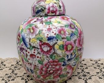 Vintage 8,2&quot; big thousands flowers vase with lid/big rare chinese vase/unique thousand flowers asian chinese vase/ oriental vase collection