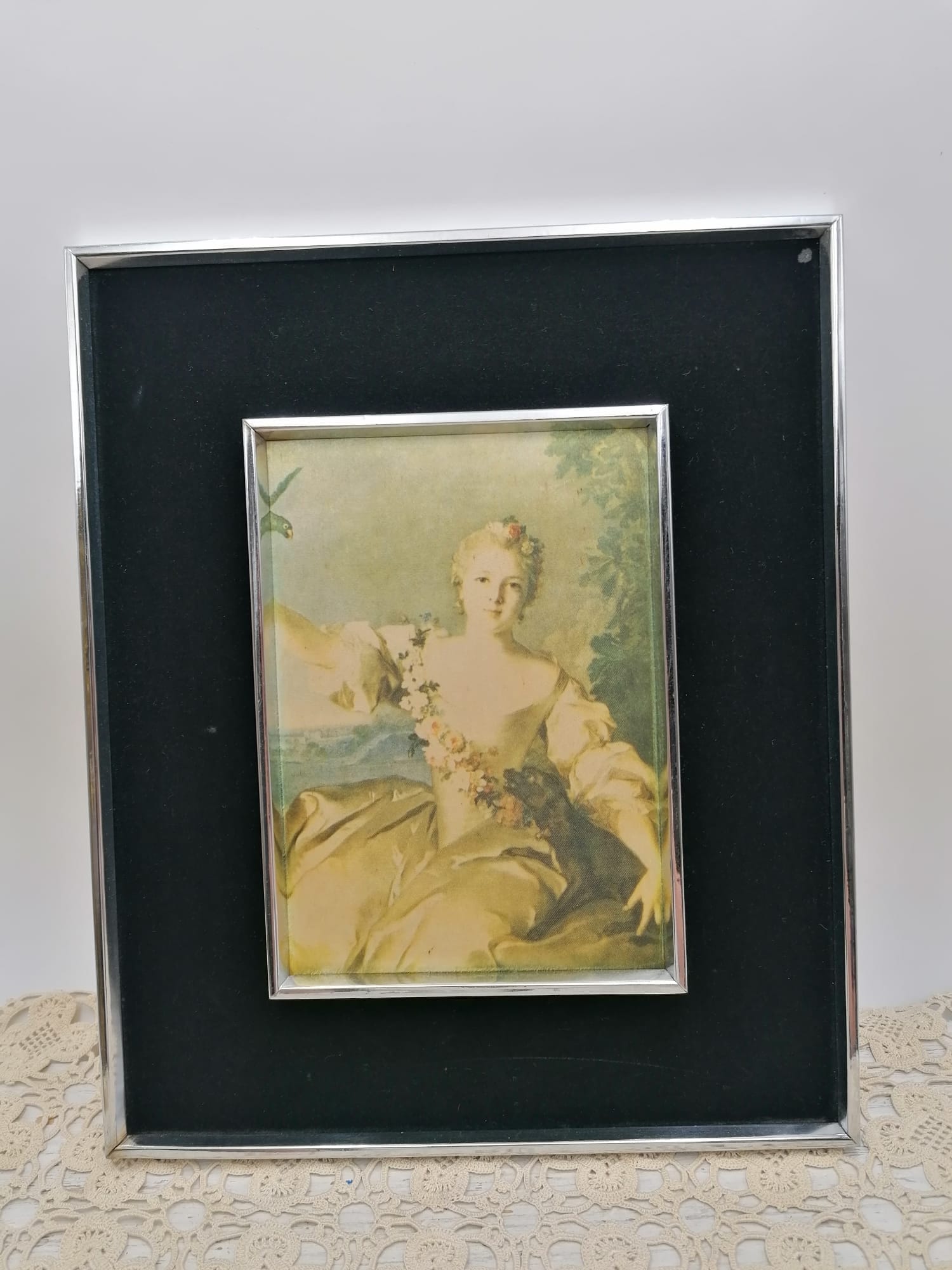 Vintage 11.4"square picture frame\white brass frame with velvet elements \Henrietta Maria antique image at silk\vintage big frame collection