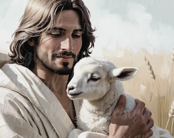 Jesus and Lamb Art, Jesus Leaves The 99, Digital Download Painting, Christ will Save The Lamb, Bible Art Printable, Modern Christian Art