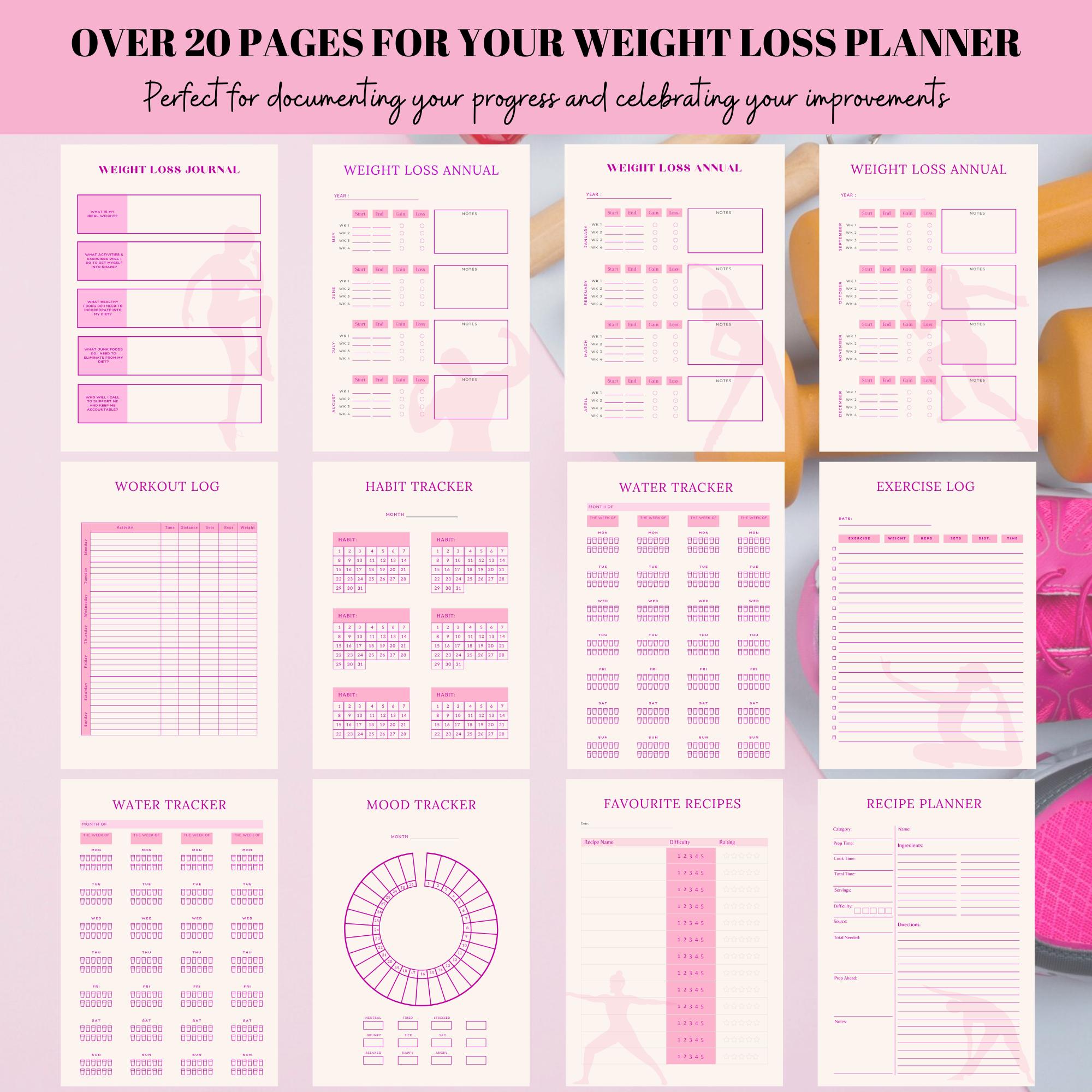 Weight Loss Planner, Printable Planner, Yoga Journal, Weight Loss Planner Bundle, Goal, Health ...