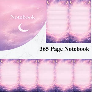Op de afbeelding: Een notitieboek met een hemels ontwerp. De omslag toont het woord "Notebook" en een halve maan tegen een roze en paarse lucht. De pagina's zijn gelinieerd en hebben een vergelijkbaar ontwerp. De tekst "365 Page Notebook" is ook zichtbaar.