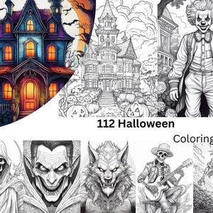 112 Halloween Big Bundle Coloring Book, Printable Gothic Creepy Pumpkin Witch Coloring Pages, Grayscale Halloween Coloring Book for Adults