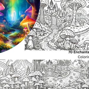 70 枚の魔法の森の塗り絵、印刷可能な魔法の森の塗り絵ページ、大人向けのグレースケールの塗り絵、リラックスしてストレス解消