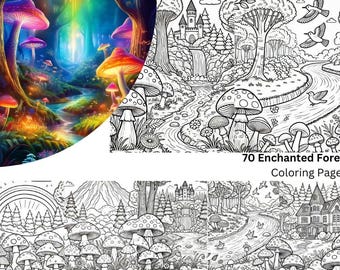 70 Enchanted Forest Coloring Pages: Grayscale Illustrations (PDF Pattern)