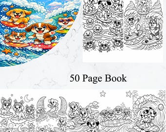 Dogs Surfing Coloring Book for Adults – 50 Fun Pages (Instant Download)