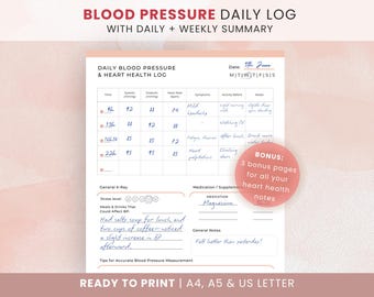 Blood Pressure Tracker Printable, Daily & Weekly Log (Digital Download)