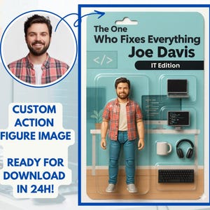 Könnte beinhalten: Eine individuelle Actionfigur von Joe Davis, dem IT-Spezialisten, in einer Blisterverpackung. Die Figur trägt ein kariertes Hemd und Jeans, mit einem Miniatur-Computer-Setup. Der Text lautet "The One Who Fixes Everything Joe Davis IT Edition."