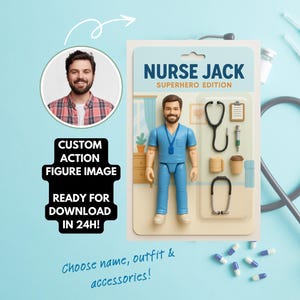 Personalized Male Nurse Action Figure Portrait - Custom Digital Graduation Gift for RN LPN CNA - Custom Nurse Hero Toy Box Art