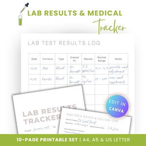 ラボ結果トラッカー：編集可能な医療記録ログ（Canva、PDF）