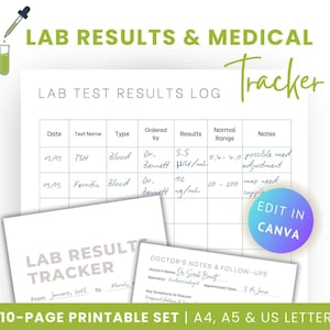 Laborergebnisse-Tracker für medizinische Ordner, bearbeitbarer Bluttest-Tracker, Krankenakten-Gesundheits-Tracker, Laborwerte und Pflegelogbuch, Canva