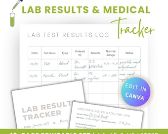 Lab Results Tracker: Editable Medical Records Log (Canva, PDF)
