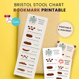 Marcapáginas imprimible con gráfico de heces de Bristol, portátil y editable, descarga instantánea en PDF y PNG, logotipo personalizable, obsequio de Gastroenterología