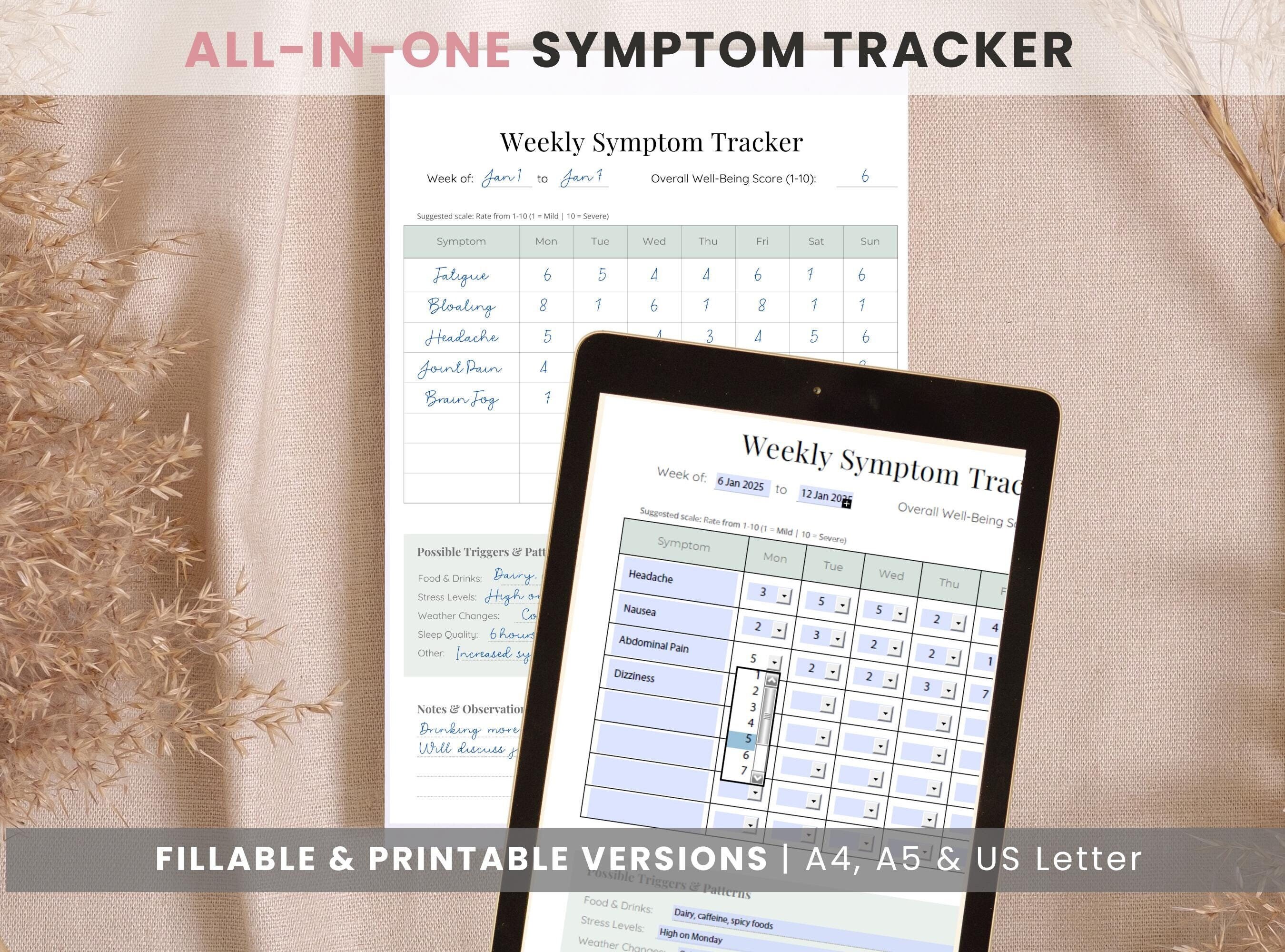 Weekly Symptom Tracker: Printable Health Journal (Fillable PDF)