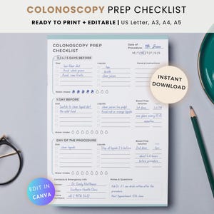 Checklist voorbereiding colonoscopie: afdrukbare sjabloon darmvoorbereiding (bewerkbare canva-pdf)