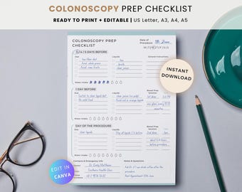 Colonoscopy Prep Checklist: Printable Bowel Preparation Template (Editable Canva PDF)