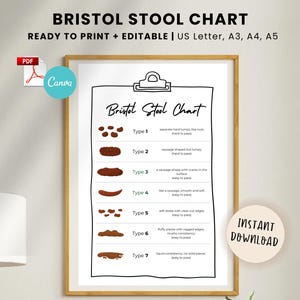 Bristol-ontlastingstabel, afdrukbare en bewerkbare pdf-poster darmgezondheid, PDS, stoelgang, Bristol-poster, ontlastingspatroon, A3, A4, A5, US Letter, canvas