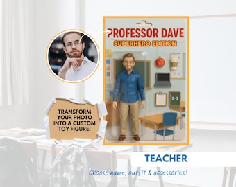 Gepersonaliseerd portret actiefiguur leraar: op maat gemaakt cadeau retro speelgoeddoos (digitale download pdf)