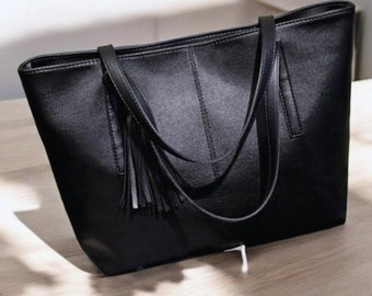 Large Capacity Leather Tote Bag, Black Multi-Pocket Everyday Purse, Double Strap Shoulder Bag