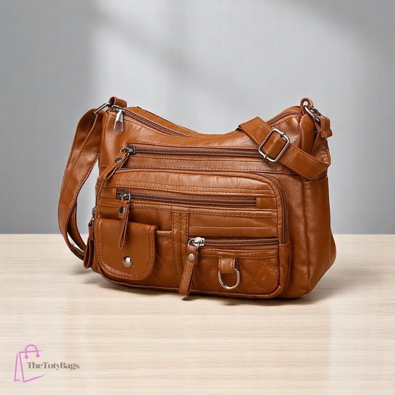Leather Shoulder Purse, Soft Leather Multi Capacity Bag, Woman's Shoulder Bag, Crossbody Bag, Multi-Zipper Leather Purse, Vintage Style Bag