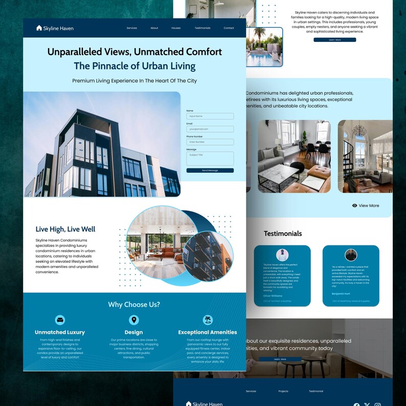 Figma landing page website template for condominium and real estate rental business. Editable and customizable one-page website design for condos, apartments, and realtors. Downloadable Figma file ideal for showcasing rental properties and building.