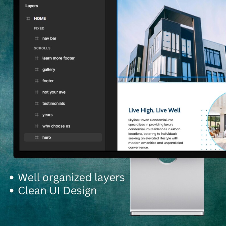 Figma landing page website template for condominium and real estate rental business. Editable and customizable one-page website design for condos, apartments, and realtors. Downloadable Figma file ideal for showcasing rental properties and building.