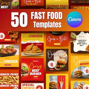 Publicaciones de volantes de Instagram para restaurantes de comida rápida / Plantillas de Canva para hamburguesas, pollo y papas fritas / Menú promocional editable / Paquete de anuncios de banner para redes sociales de IG