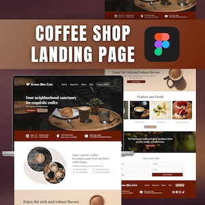 May include: A website landing page for Aroma Bliss Cafe, a coffee shop. The page features a brown and white color scheme with images of coffee and pastries. The text on the page includes the cafe's name, address, phone number, and website. The page also includes a call to action to book a table.