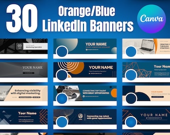 Könnte beinhalten: Eine Sammlung von 30 orangefarbenen und blauen LinkedIn-Banner-Vorlagen. Die Banner zeigen verschiedene Designs mit geometrischen Formen, Linien und Text. Der Text enthält "Ihr Name", "Spezialist für Talent Acquisition", "Top-Talente mit großartigen Möglichkeiten verbinden" und "Lasst uns zusammenarbeiten".