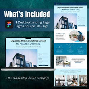 Figma landing page website template for condominium and real estate rental business. Editable & customizable one-page website etsy design for condos, apartments, and realtors. Downloadable Figma file ideal for rental properties and building.