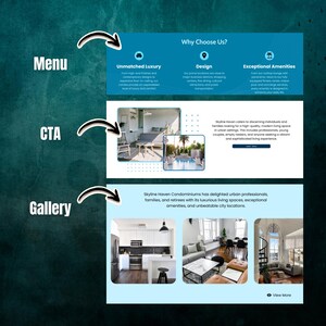 Figma landing page website template for condominium and real estate rental business. Editable and customizable one-page website design for condos, apartments, and realtors. Downloadable Figma file ideal for showcasing rental properties and building.