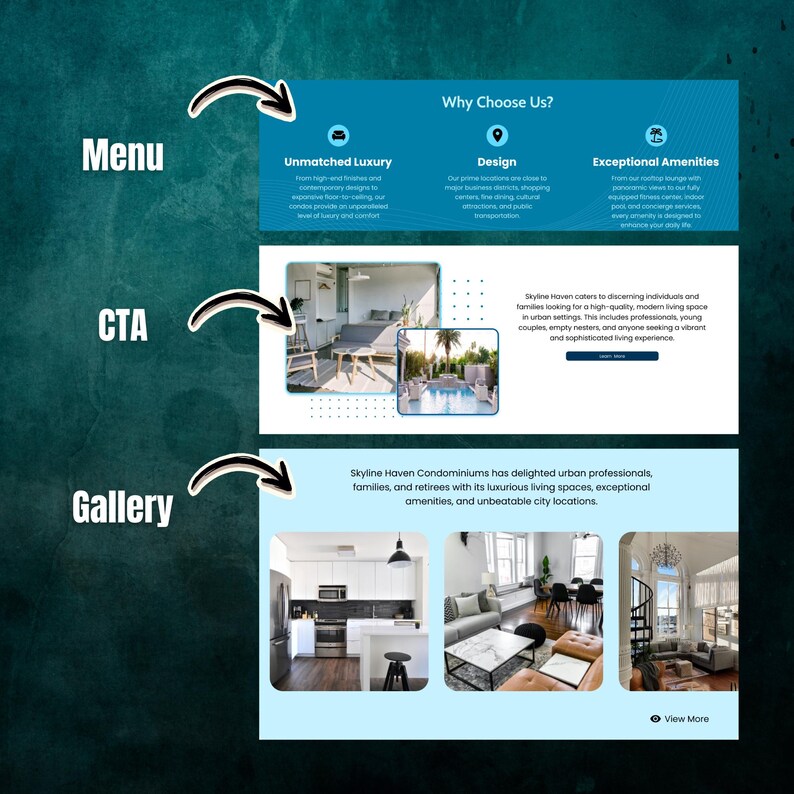 Figma landing page website template for condominium and real estate rental business. Editable and customizable one-page website design for condos, apartments, and realtors. Downloadable Figma file ideal for showcasing rental properties and building.