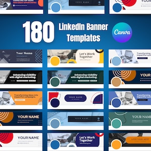 May include: A collection of 180 colorful and modern LinkedIn banner templates designed in Canva. The templates feature various designs with geometric shapes, text, and images. The text on the image reads "180 LinkedIn Banner Templates Canva".