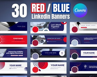 Könnte beinhalten: Dreißig rote und blaue LinkedIn-Banner-Vorlagen für Canva. Die Banner zeigen geometrische Formen, Text und Bilder. Der Text auf den Bannern lautet "Let's Work Together", "Connecting Top Talent" und "Leading Workforce Optimization and Development".