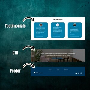 Figma landing page website template for condominium and real estate rental business. Editable and customizable one-page website design for condos, apartments, and realtors. Downloadable Figma file ideal for showcasing rental properties and building.